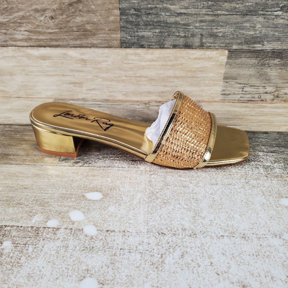 London Rag Gisella Womens‎ Sandals Sz 9.5 Gold Metallic Slip On Block Heel